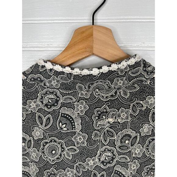Free People Tunic Mini Dress Size 10 Black Beige Paisley Lace Trim Bohemian - Picture 3 of 14